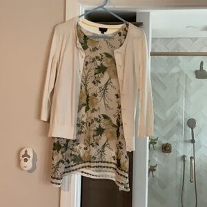 Sleeveless silky top with white 3/4 sleeve cardigan